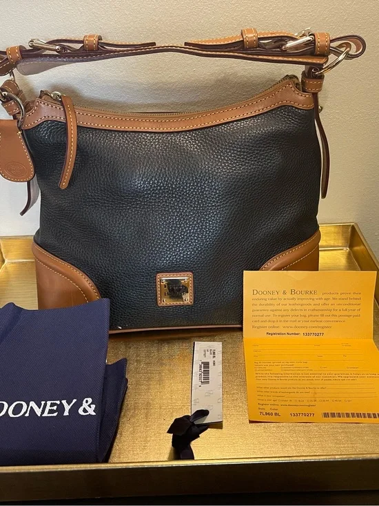 Dooney & Bourke Black Leather Hobo Bag (Black with Brown Trim)