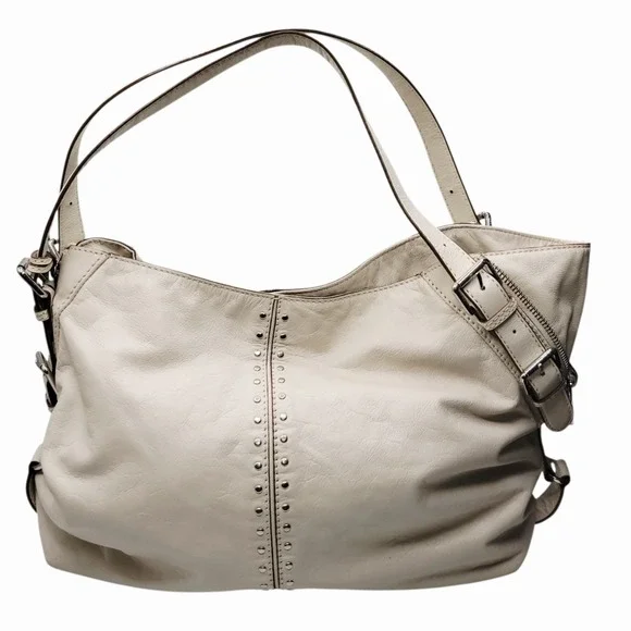 Michael Kors Ivory Leather Shoulder Bag Hobo Purse Studded Buckle Strap MK