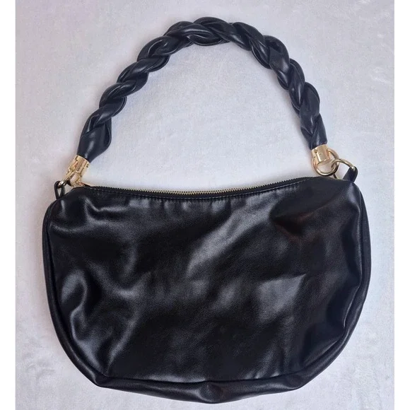 Grossi Women Black Hobo‎ Bag Braided Strap Gold Hardware Small Shoulder Bag NWOT