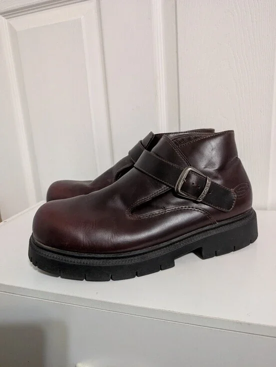 Vtg Skechers Mens Shoes Y2K Brown Leather Buckle Platform Grunge Goth US 13