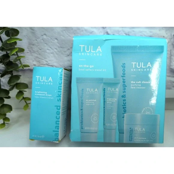NIB TRAVEL LOT 5!🥰TULA Skincare On-The-Go Best Sellers Kit Brightening Drops