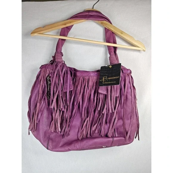 B. Makowsky Cabernet Purple Leather Fringe Tote Bag Hobo Purse NWT A212792