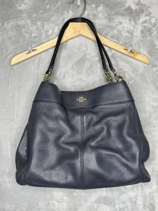 Coach Lexy Shoulder Bag Womens Pebbled Leather Blue Silver Chain Strap Zip