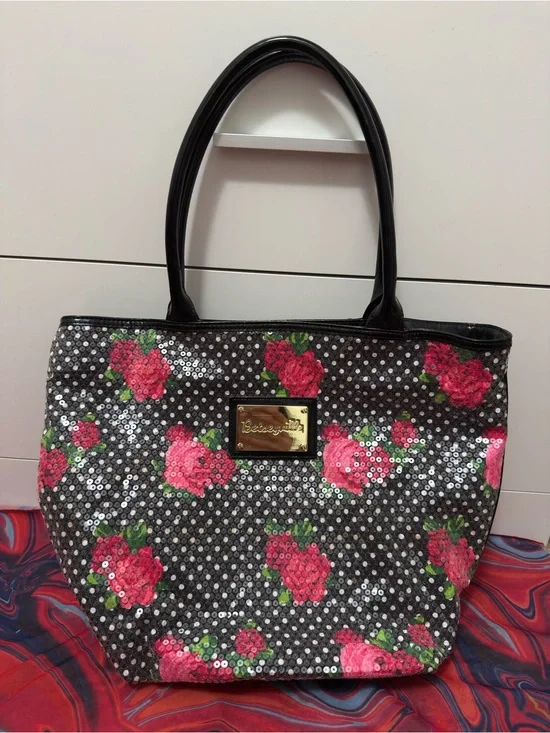 Vintage Betseyville Betsey Johnson Rose Polka Dot Sequin Tote Bag
