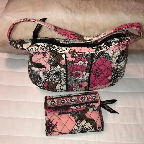VB Mocha Rouge Mini Hobo Quilted Bag and Wallet Set Brown White Fuchsia Pink