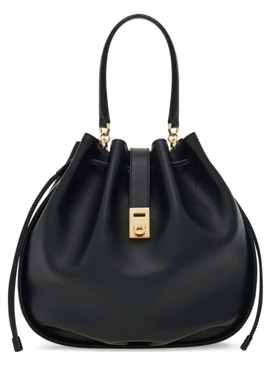 Black Leather Hug Bucket Tote Bag with Gold Hardware
