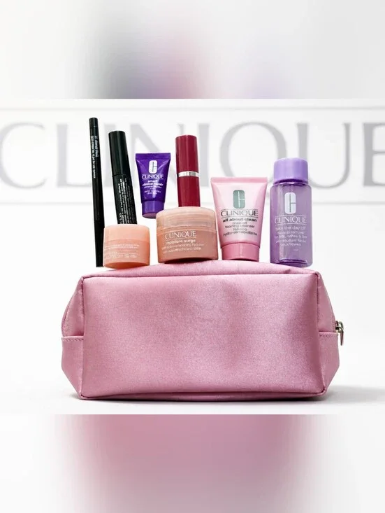 Clinique Pink Cosmetic Pouch with Pink & Lavender Skincare Set