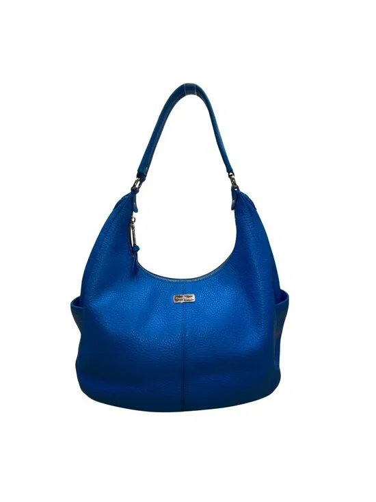 Cole Haan Women’s Blue Leather with Side Pockets Pebbled Texture Chic Hobo Bag