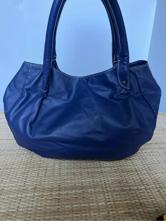 Boden Blue Leather Hobo Slouch Shop Tote Bag 100% Cotton Lining Vintage 90s Y2K