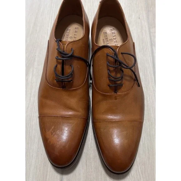 Men Size 9 F Shipton & Henage Cap Toe Camel Brown Lace Up Dress Shoes Oxford
