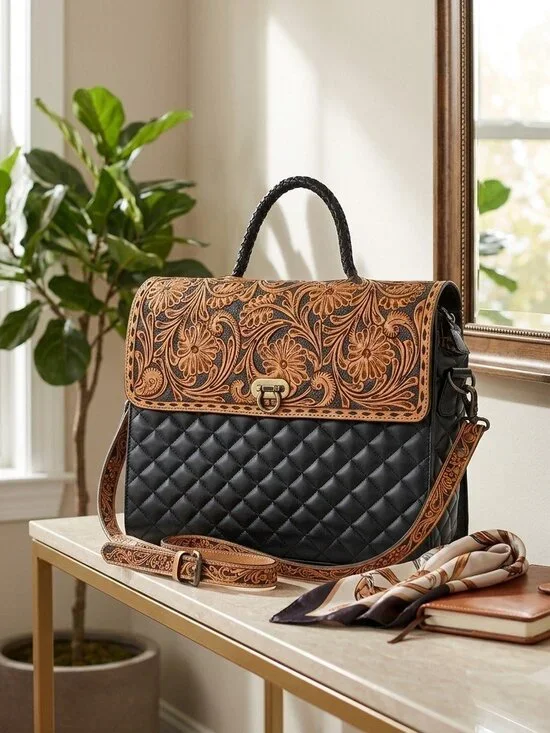 American Darling Quilted Leather & Tooled Harness Satchel/laptop bag