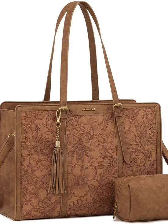 Vintage Leather 15.6-Inch Women's Laptop Tote with Clutch & Tassel