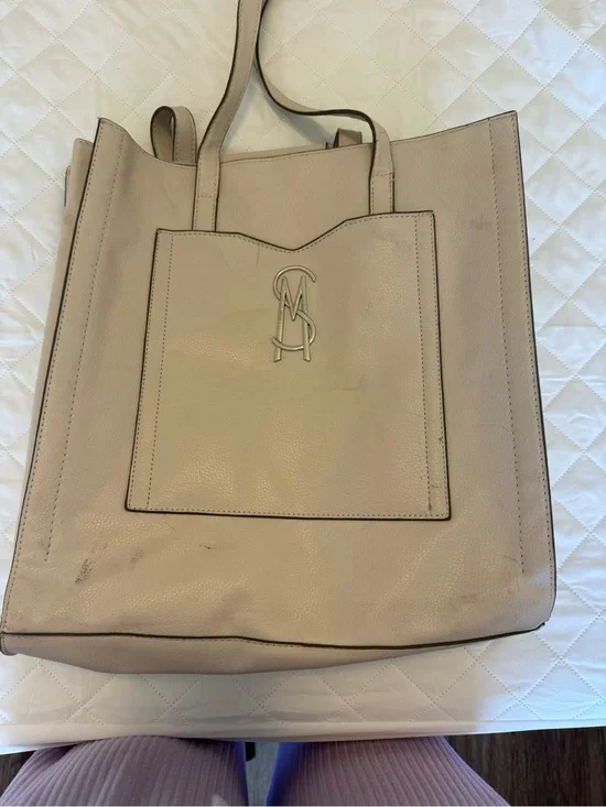 T.J.Maxx Beige Leather Tote with Front Monogram Accent