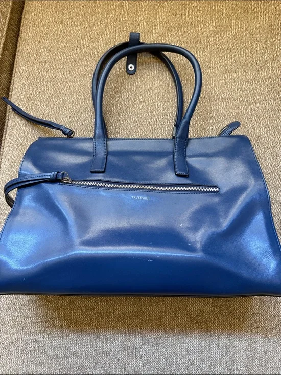 Trussardi Navy Blue Leather Laptop Bag