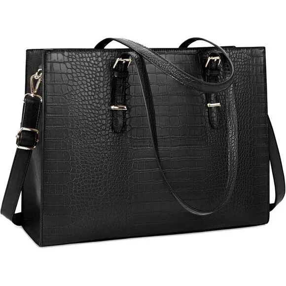 〽️Women Black Leather Waterproof Professional Shoulder Bag 15.6 Inch Laptop Bag