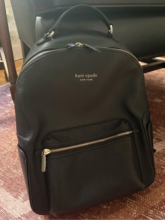 kate spade Black Leather Pebbled Backpack with Front Zip Pocket
