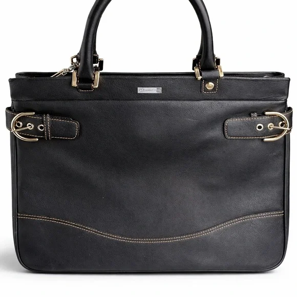 FranklinCovey Black Genuine Leather Briefcase Tote Laptop Bag Purple Lined