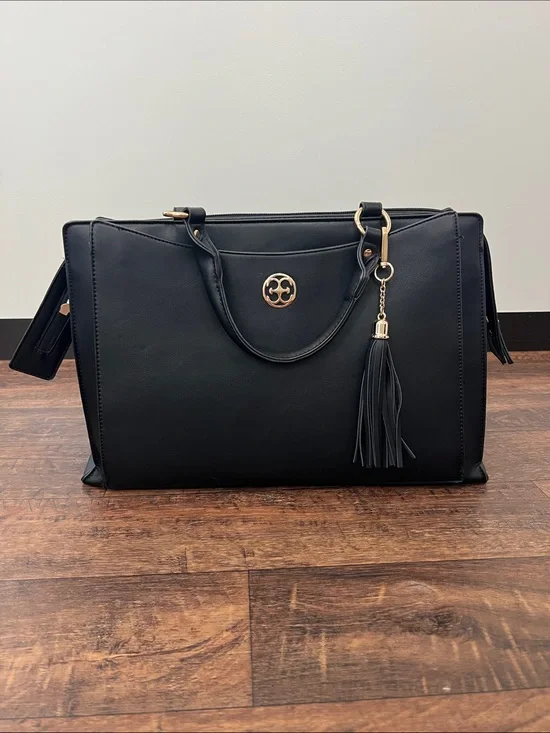 Black Leather Laptop Bag with Removable Tassel Charm