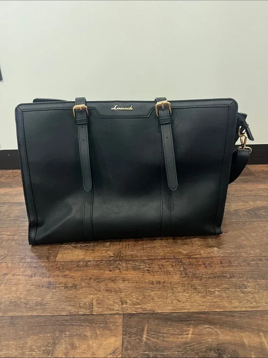 Black Leather Women’s Laptop Bag with Gold Accents