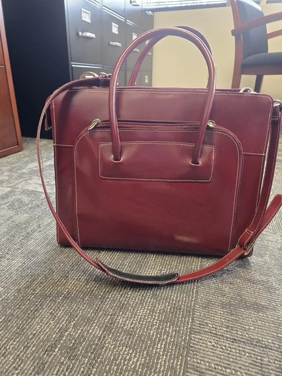 Sleek Red McKlein Leather Laptop Tote with Top Handles and Shoulder Strap