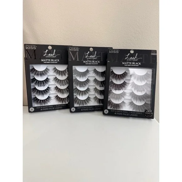 KISS False Eyelashes Womens 4 Pairs 3pk Matte Black Faux Mink Matte Twill NWT