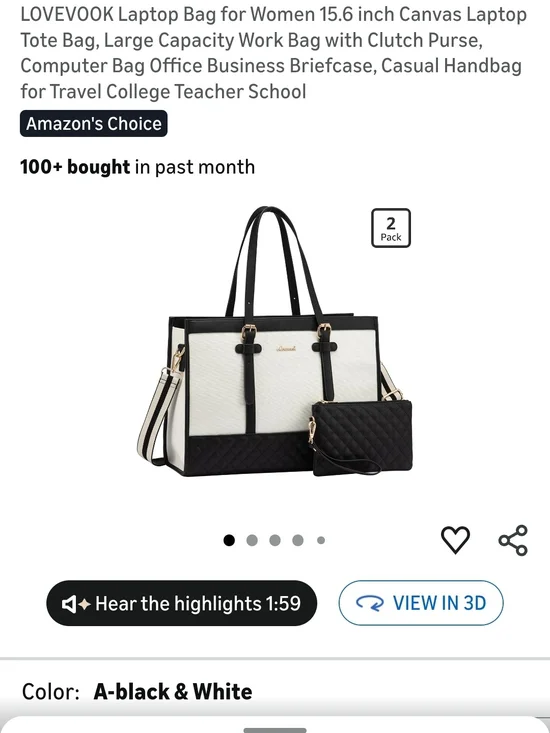 Black & White Women's Laptop Tote Bag with Clutch
