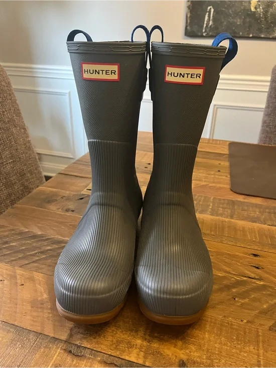 Hunter Waterproof Rain Boots in Grey/Blue Pull Tabs