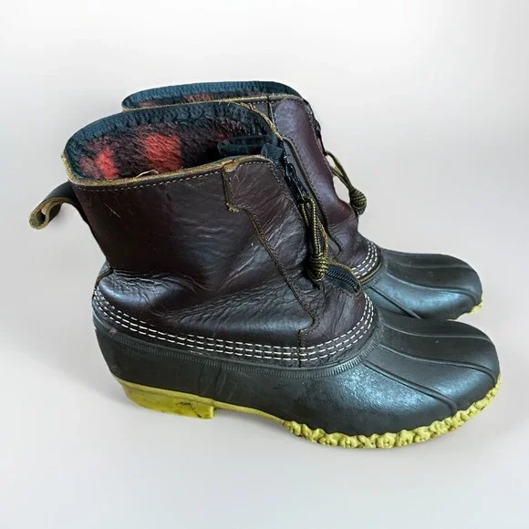 LL Bean Duck Boot Mens Size 10 Brown Leather Flannel Lined Zip Up Made USA Maine
