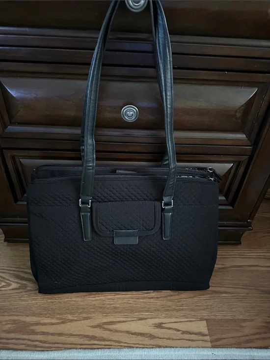 Quilted Black Business Tote Bag with Front Flap Pocket