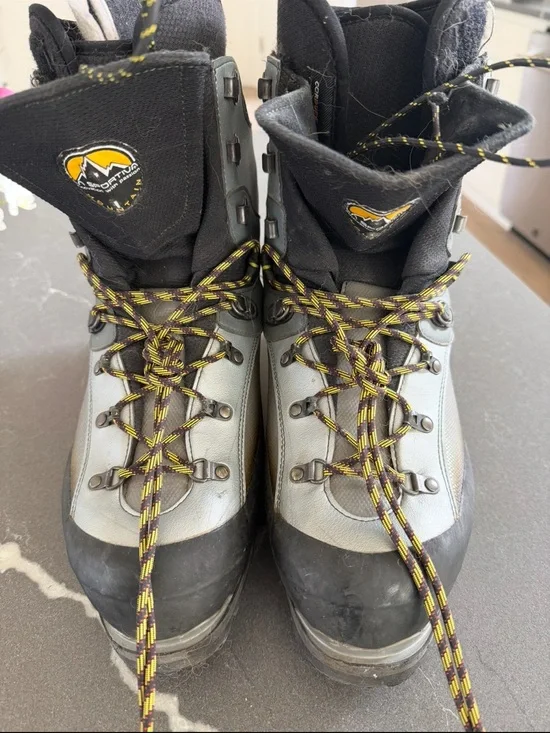 La Sportiva Gray and Black Mountaineering Boots with Yellow Accents