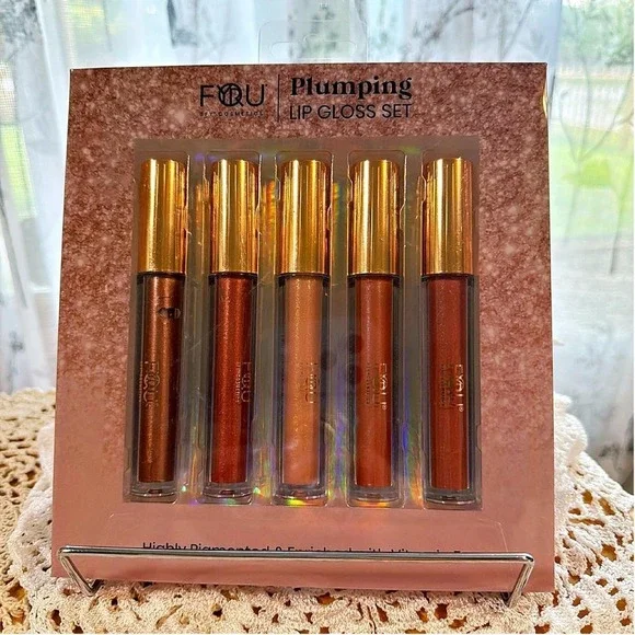 BFY Cosmetics FOU Plumping Lip Gloss Set 5 Pack NIB Nora Ray Brilliant Ablaze