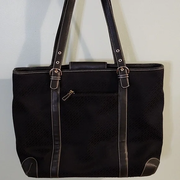 Talbots Textile Leather Laptop Tote Bag Black