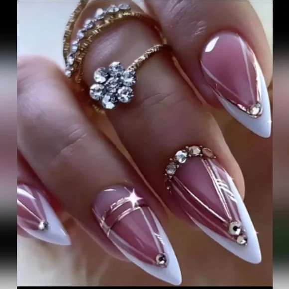 🔥3/$21 French style Rhinestone accents & Gold lines Press On False Nails