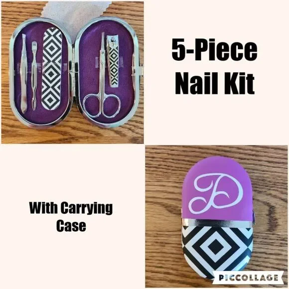 Women's Teen's Manicure Nail Care Kit 5-Piece With Padded Case Purple Black New