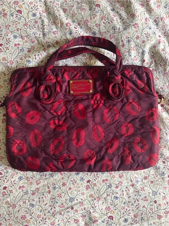 Marc By Marc Jacobs Burgundy Quilted Satchel with Red Lip Print 15”x10.5”
