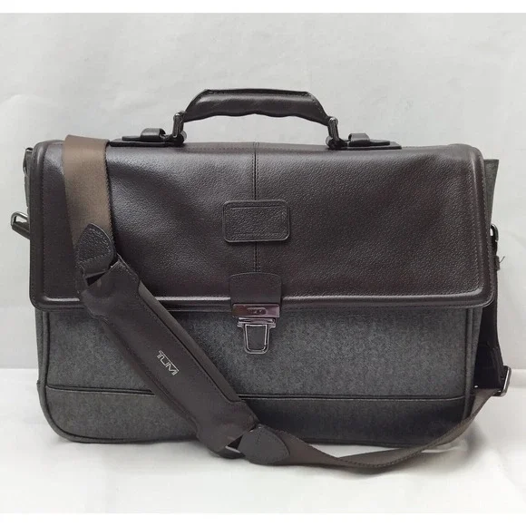 Tumi Brown Leather Gray Canvas Pushlock Laptop Briefcase Business Crossbody Bag