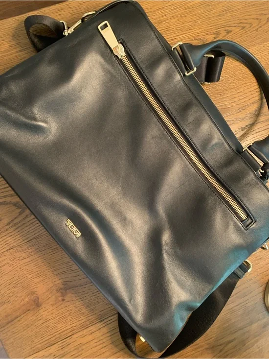 Tumi Women’s Black Leather Laptop Bag with Gold Hardware