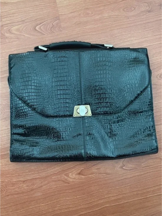 Bruno Magli Black Croc-Embossed Leather Laptop Briefcase