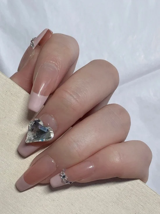 Elegant Pink French Press-On Nails with Heart Crystal Accent