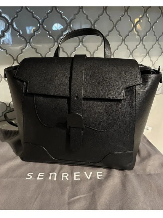 Senreve Maestra Large Black Onyx Pebbled Leather Laptop Bag Silver Hardware
