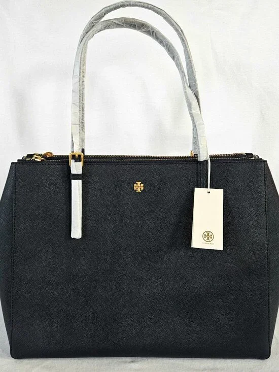 TORY BURCH Saffiano Leather Handbag Emerson Lg Double Zip Tote Navy Blue NWT