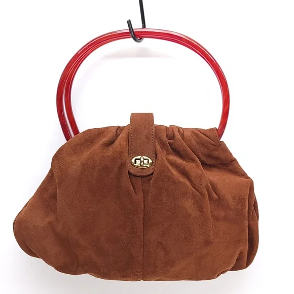 Vintage Brown Suede Slouchy Handbag Red Lucite Round‎ Handles Turn-Lock Brown