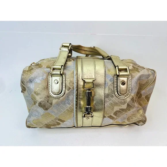 L.A.M.B. Gwen Stefani Metallic Gold Silver Jacquard Satchel Bowling‎ Bag Y2K