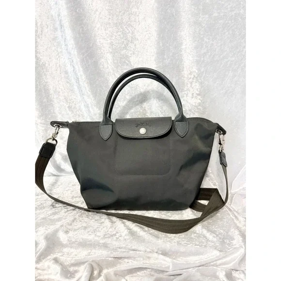 Longchamp Le Pliage Shopping Depose Handbag Grey Nylon Leather Crossbody Satchel