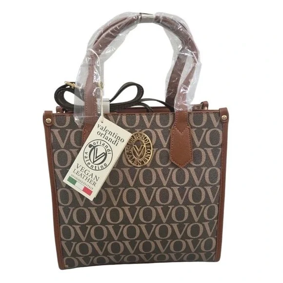 Valentino Orlandi Brown VO Monogram Vegan Satchel Top Handle Zip Strap Italy NWT