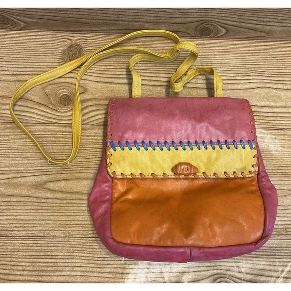 VTG‎ SAMIR Leather Handbag Purse Pop Art High Fashion Funky Pink Orange Yellow