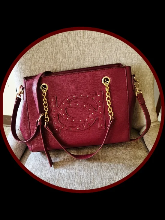 Bebe 'Oliver Burgandy Faux Leather Gold Studded Satchel Shoulder/Crossbody Bag
