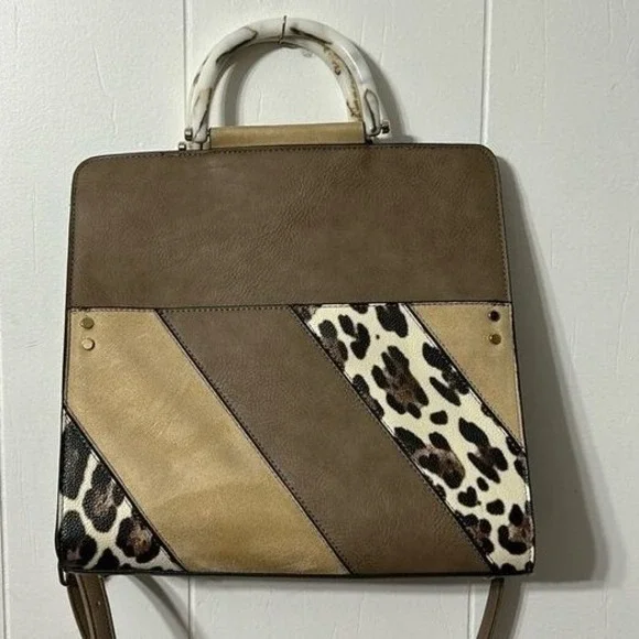CATO EST 1946 Patchwork‎ Leopard Print Satchel Handbag Hard Handle EUC