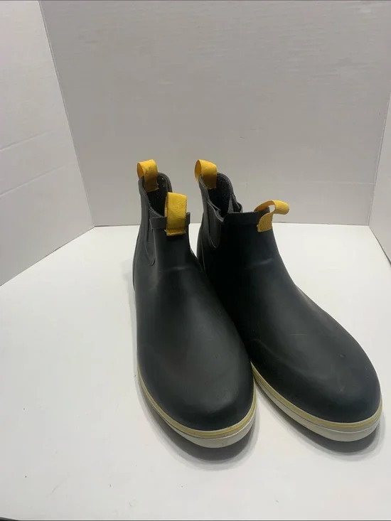 Men's Black Rain & Snow Chelsea Boots with Yellow Pull Tabs ocean cost
