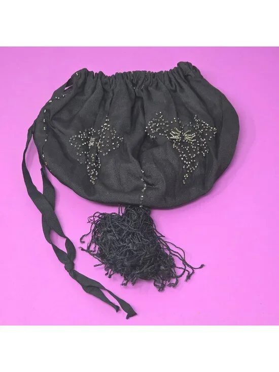 Antique Black Drawstring Beaded Purse Tassel & Rhinestone Detailing  Vintage Bag